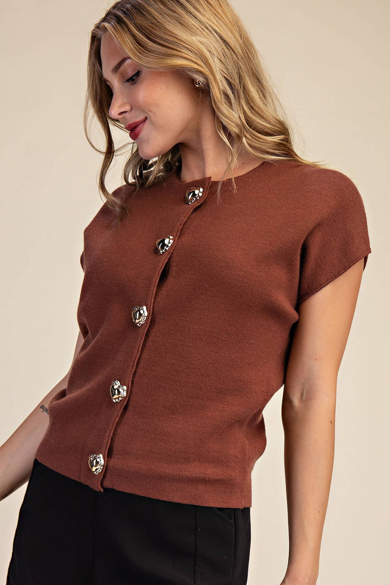 Dropped Shoulder Heart Button Detail Sweater