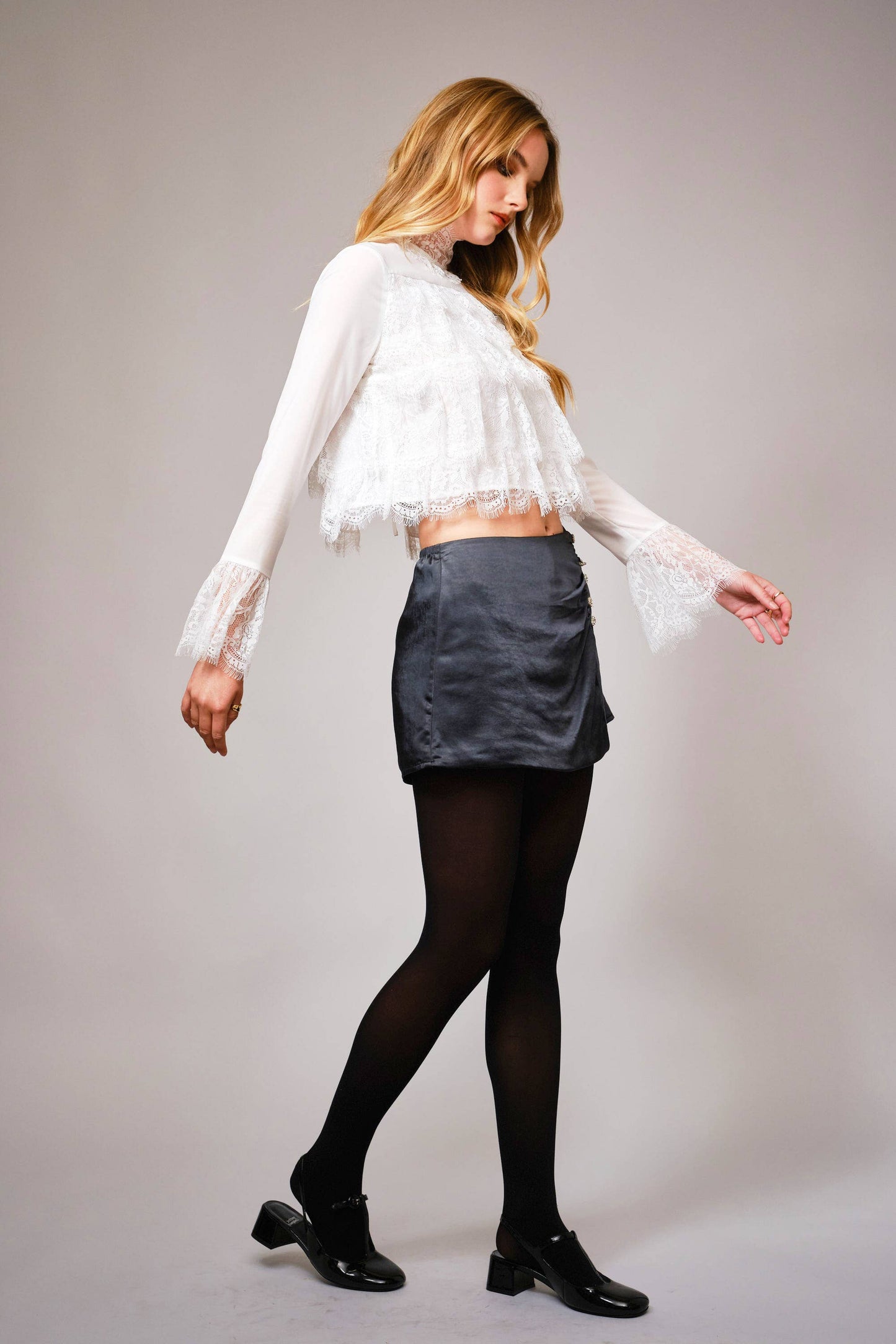 Mock Neck Tiered Lace Bell Sleeve Top