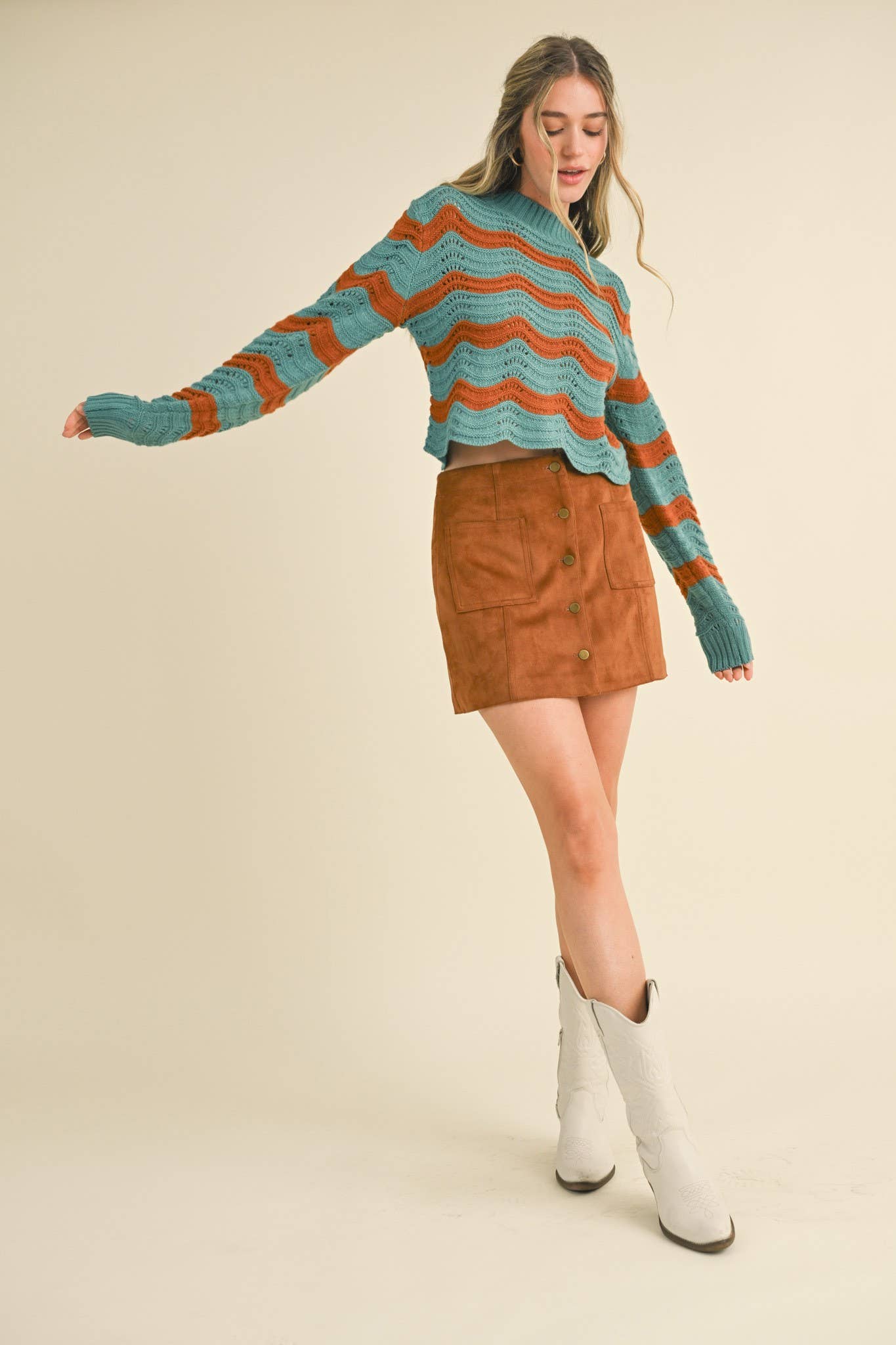 WAVE PATTERN POINTELLE SWEATER