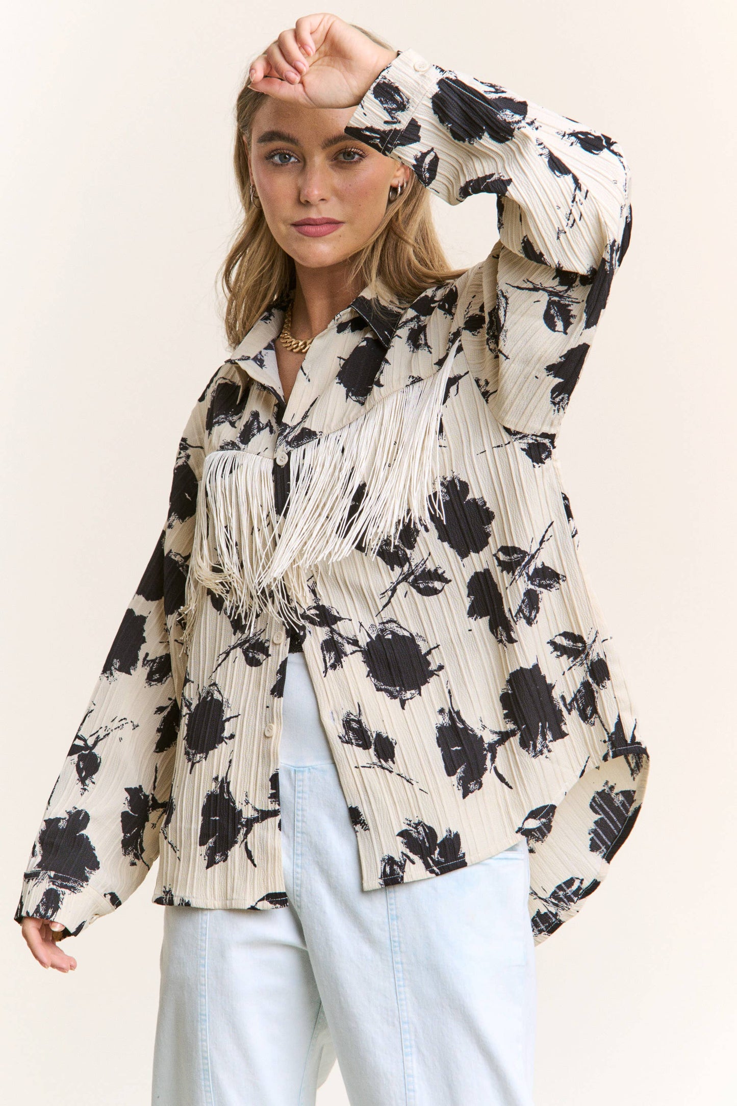 Floral Silhouette Fringe Button Up Blouse