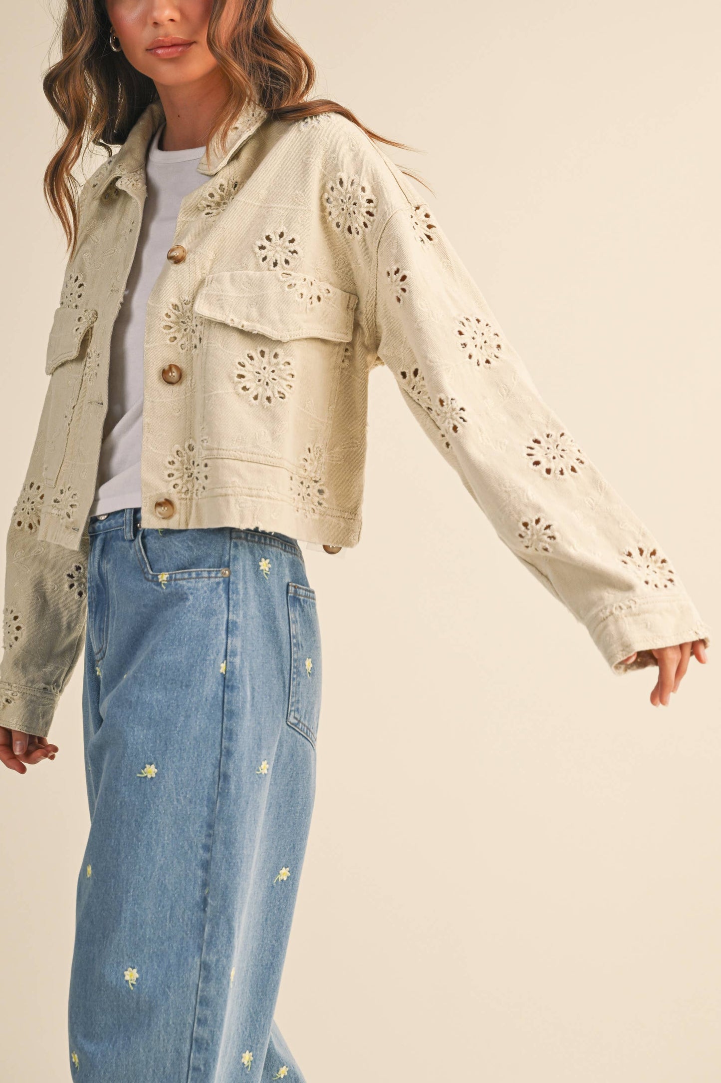 EYELET TWILL CROPPED JACKET