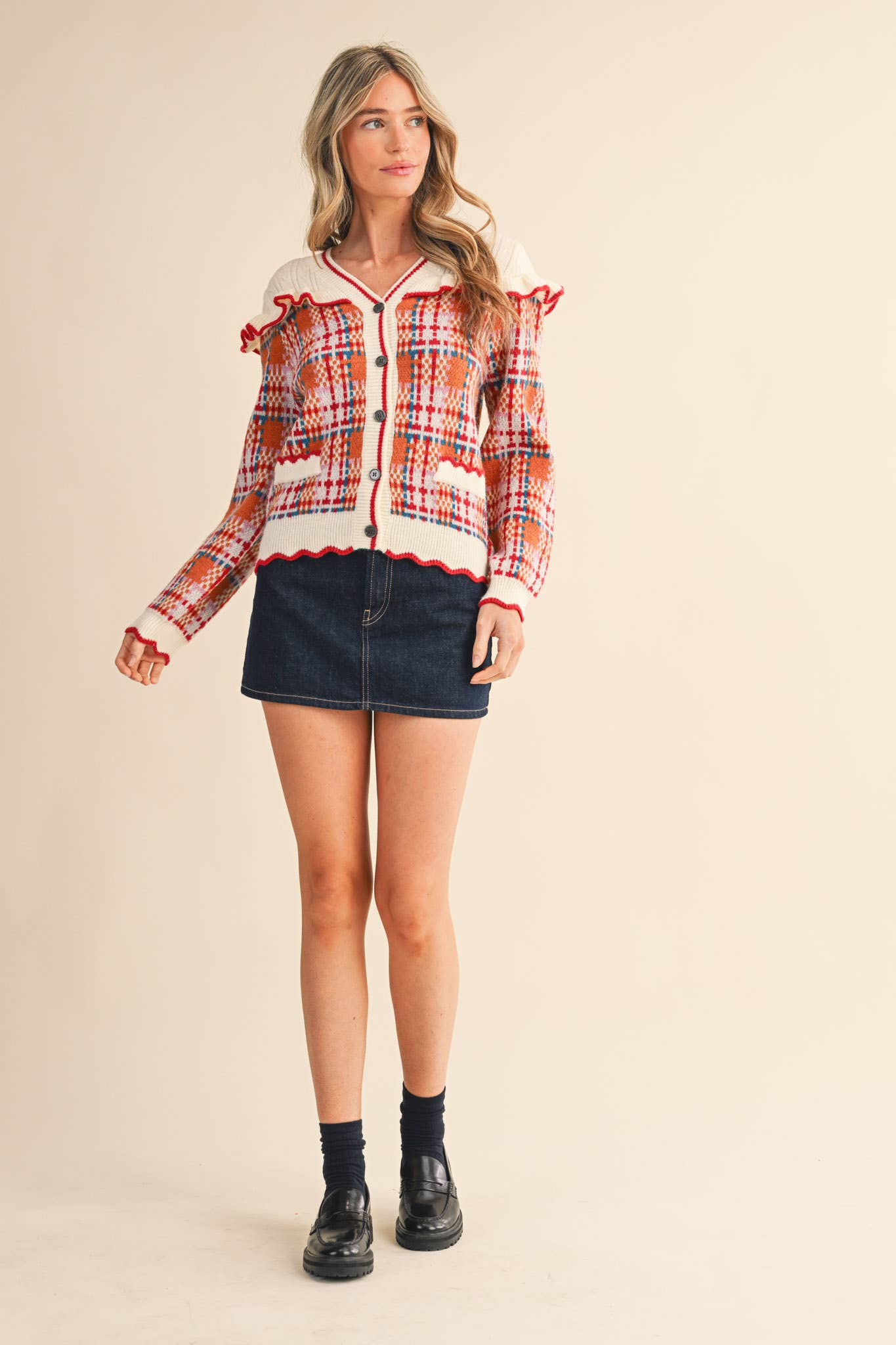 RUFFLED YOKE PLAID SWEATER CARDIGAN- Preorder