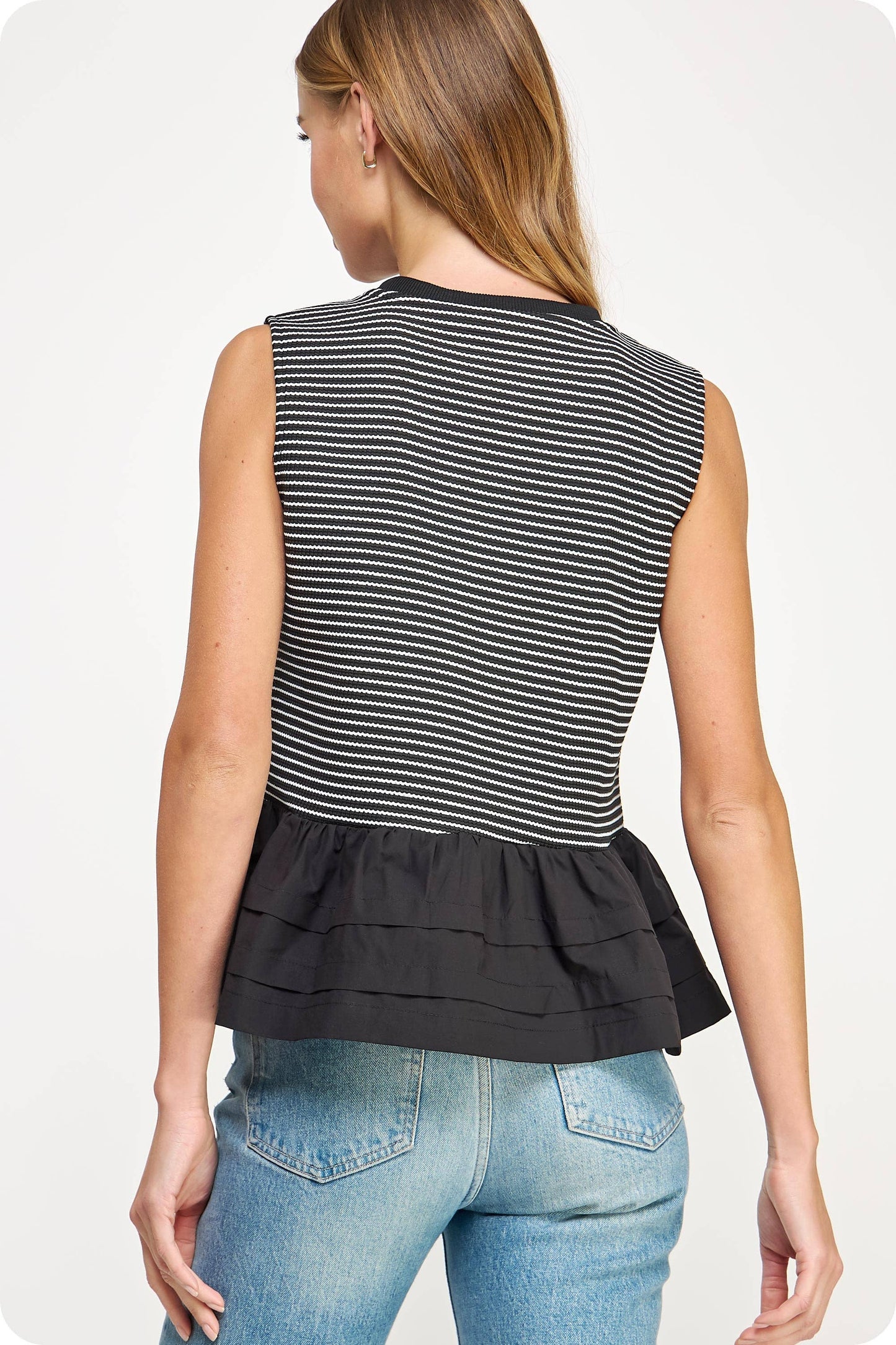 Striped Mixed Media Ruffle Top