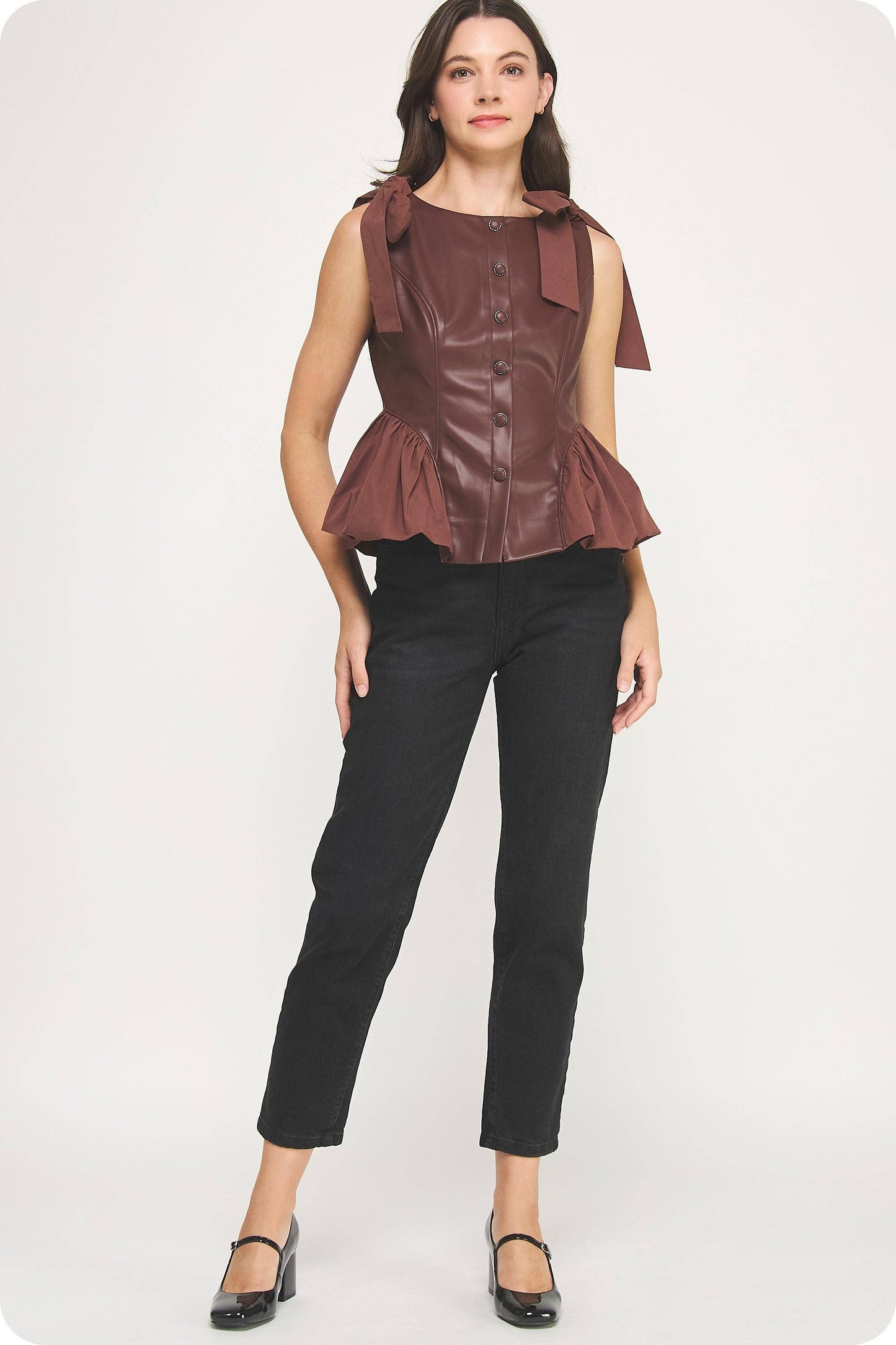 Button Down Detail Faux Leather Bubble Top