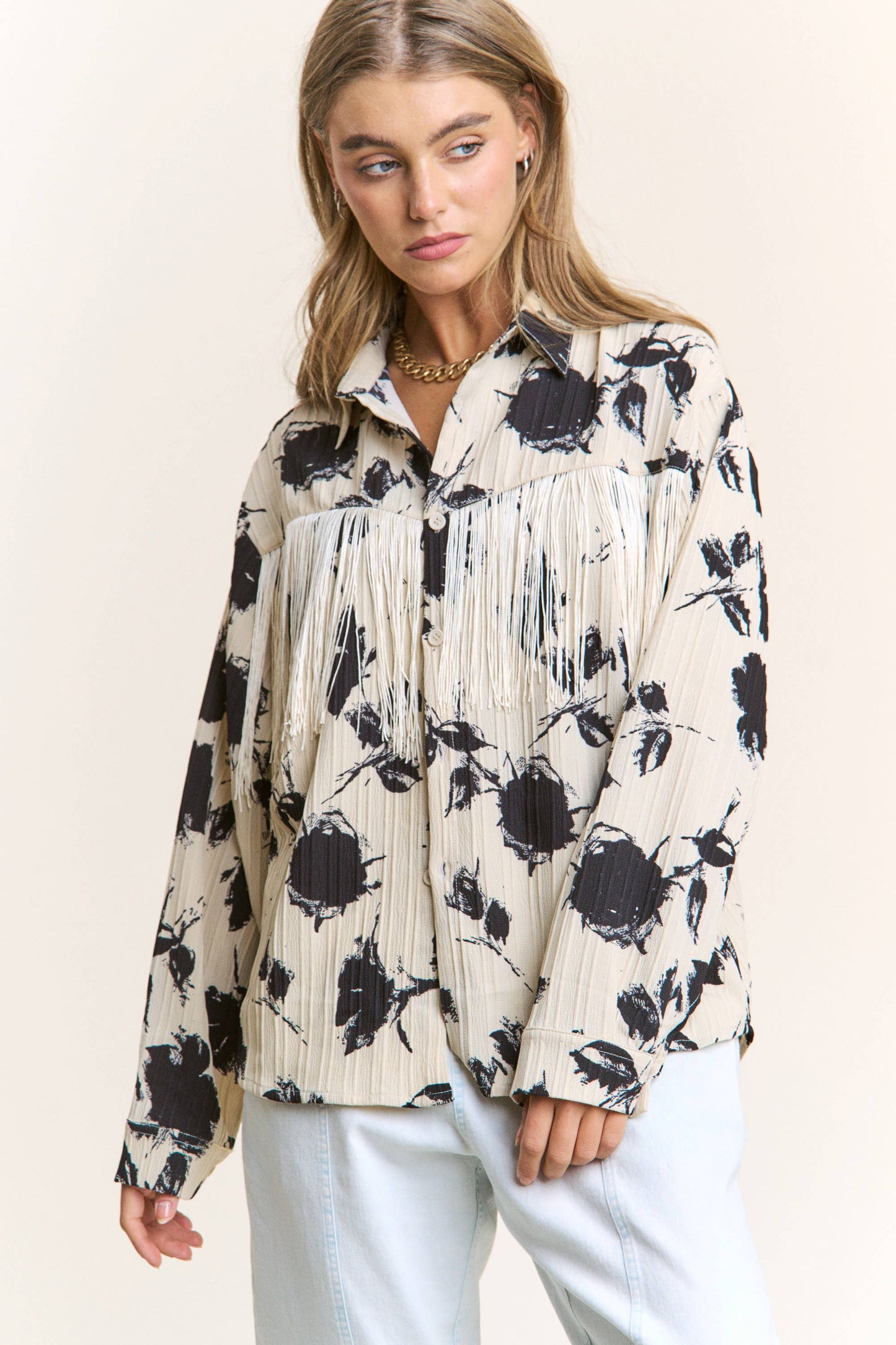 Floral Silhouette Fringe Button Up Blouse